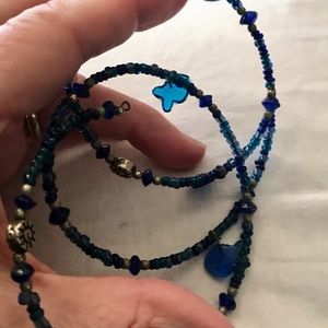 Vintage Wire Blue Beaded Wrap Around Bracelet With Fish Dangles
